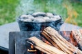 Dutch oven camp cooking with coal briquettes beads on top. Campfire Royalty Free Stock Photo