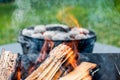 Dutch oven camp cooking with coal briquettes beads on top. Campfire Royalty Free Stock Photo