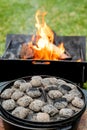 Dutch oven camp cooking with coal briquettes beads on top. Campfire Royalty Free Stock Photo