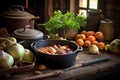dutch oven with stew ingredients on wooden table