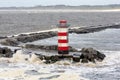 Dutch pier IJmuiden with lighthouse and stormy sea Royalty Free Stock Photo