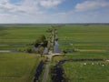 Dutch polder landscape early in the morning on a sunny day in the spring season. Aerial view Royalty Free Stock Photo