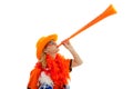 Dutch soccer supprter with plastic vuvuzela Royalty Free Stock Photo