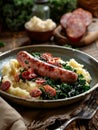 Dutch stamppot on a plate, mashed potatoes mixed with kale and served with a smoked sausage. A traditional and hearty Royalty Free Stock Photo