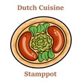 Dutch stamppot of potatoes, cabbage and carrots, with sausages closeup on a plate