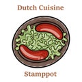 Dutch stamppot of potatoes, cabbage and carrots, with sausages closeup on a plate