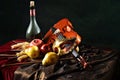 Dutch still life, Violin and theatrical mask on the fabric next to juicy fruit Royalty Free Stock Photo