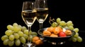 Dutch still life with wine, cheese and fresh fruits on rustic table for stock photo Royalty Free Stock Photo