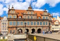 Dutch style historic Green Gate - Brama Zielona - at Long Market and Motlawa river in historic old town city center in Gdansk,