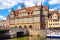 Dutch style historic Green Gate - Brama Zielona - at Long Market and Motlawa river in historic old town city center in Gdansk,