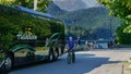 Dutch Tour Bus and Man on Bicycle in Bavaria, Germany