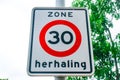 Zone 30 kmh speed limit road sign