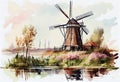 Dutch Windmill landscape in the bright spring morning. Watercolor drawing style. Generative ai Royalty Free Stock Photo