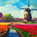 dutch windmill over tulips field Royalty Free Stock Photo