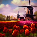 dutch windmill over tulips field Royalty Free Stock Photo