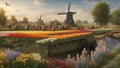 dutch windmill in spring at sunset, next to lazy river ai created Royalty Free Stock Photo