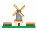 Dutch windmill between tulip fields, Holland traditional builiding for agricultural symbol in flat illustration editable vector Royalty Free Stock Photo