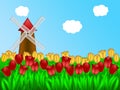 Dutch Windmill in Tulips Field Farm Illustration