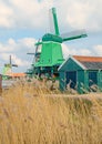 Dutch windmills in dry grass Royalty Free Stock Photo
