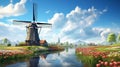 Dutch windmills green fields canals tulips Digital Art_003 Royalty Free Stock Photo