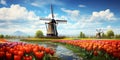 Dutch windmills green fields canals tulips Digital Art_005 Royalty Free Stock Photo