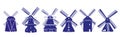 Dutch Windmills illustrations in delft blue colors