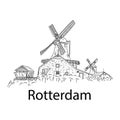 Dutch windmills in Rotterdam, vector illustration