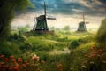 dutch windmills surrounded by lush green farmland Royalty Free Stock Photo