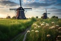 dutch windmills surrounded by lush green farmland Royalty Free Stock Photo