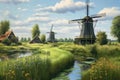 dutch windmills surrounded by lush green farmland