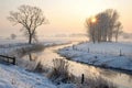 Dutch winter landscape with snow and low sun Royalty Free Stock Photo