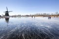 Dutch winter landscape with Ice skaters and a windmill Royalty Free Stock Photo