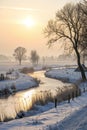 Dutch winter landscape with snow and low sun Royalty Free Stock Photo