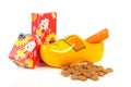 Dutch wooden shoe with presents and pepernoten Royalty Free Stock Photo