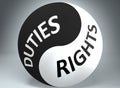 Duties and rights in balance - pictured as words Duties, rights and yin yang symbol, to show harmony between Duties and rights, 3d Royalty Free Stock Photo