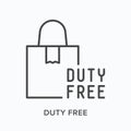 Duty free flat line icon. Vector outline illustration of shopping bag with label. Airport purchase thin linear pictogram