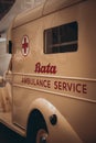 Duxford England May 2021 Ambulance service van from world war two with the text Bata Ambulance Service on it
