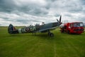 Duxford England May 2021 Double canopy world war two spitfire fighter with room for two people being prepared at the duxford