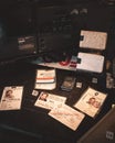 Duxford England May 2021 Exhibit of bosnian and serbian journalist identification papers from the yugoslav wars in the 90s