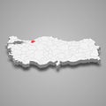 Duzce region location within Turkey 3d map