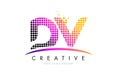 DV D V Letter Logo Design with Magenta Dots and Swoosh