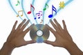 DVD or CD in hands with musical notes Royalty Free Stock Photo