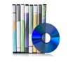 DVD, CD-ROM or Blu-Ray disc with stacked boxes for movies, audio or software on white Royalty Free Stock Photo