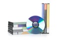 DVD, CD-ROM or Blu-Ray disc with stacked boxes for movies, audio or software on white