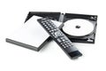 DVD, CD-ROM or Blu-Ray disc with tv or disc player remote control and plastic box on white background. Home theatre movie or Royalty Free Stock Photo