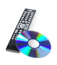 DVD, CD-ROM or Blu-Ray disc with tv or disc player remote control on white background. Home theatre movie or series concept Royalty Free Stock Photo