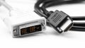 DVI and HDMI plugs, cables closeup on white Royalty Free Stock Photo