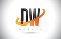 DW D W Letter Logo with Fire Flames Design and Orange Swoosh.