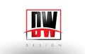 DW D W Logo Letters with Red and Black Colors and Swoosh.