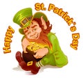 Dwarf embraced pot of gold. Patricks Day. Leprechaun and gold Royalty Free Stock Photo